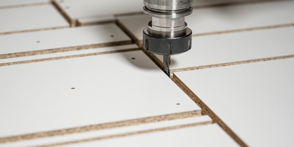 A drill cutting through a piece of wood